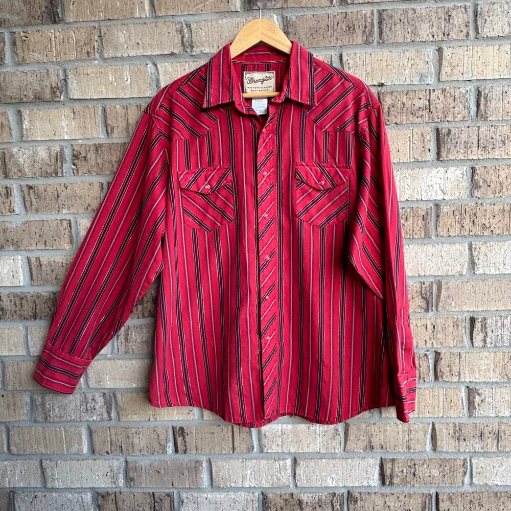 Wrangler Western Snap Shirt Mens XL Red Stripe Pearl Snap Cowboy Rodeo